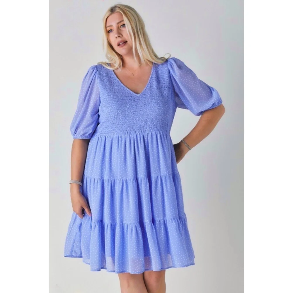 Davi & Dani Blue Polka Dot V Neck Short Sleeve Tiered Midi Dress - Picture 8 of 9